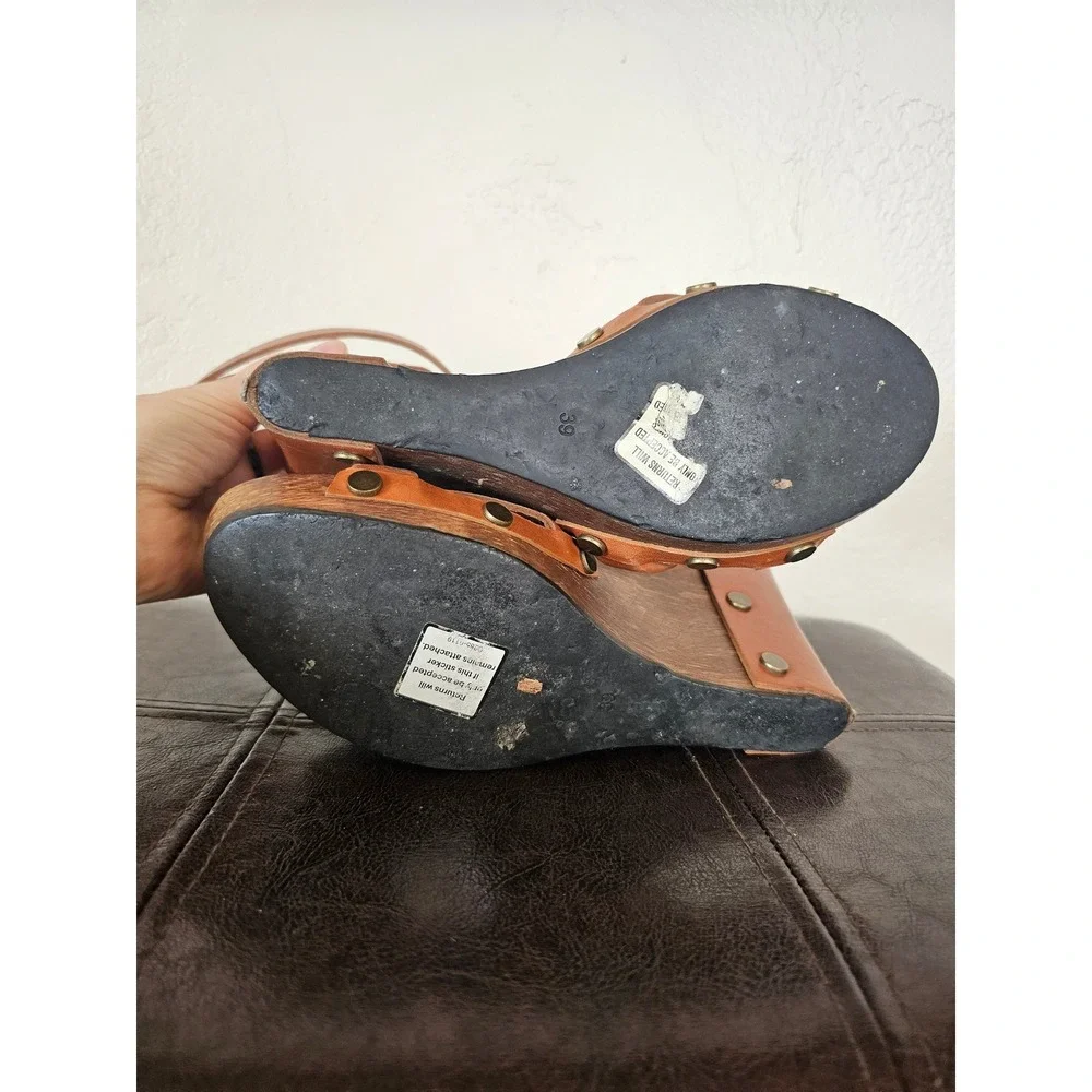 See by Chloe Ancle Wrap RivetLeather Brown Wooden Wedges Sandals sz EU 39 US 8.5